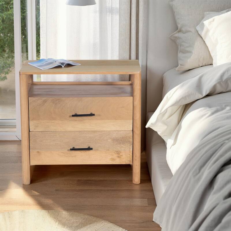Geti 29 Inch Bedside Nightstand Table, Handcrafted Natural Oak White Mango Wood, 2 Drawer, Open Shelf