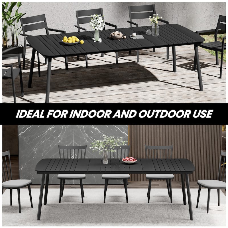 9-Piece Outdoor Rectangular Dining Table Set with Umbrella Hole and Stackable Armchairs