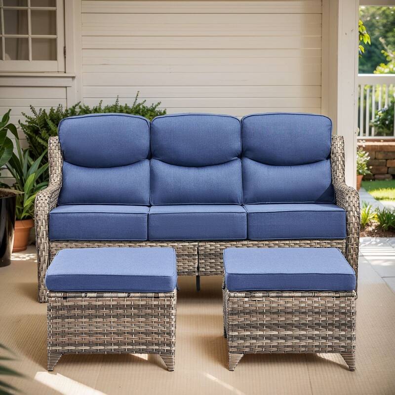 Arcadia 3-Seat Wicker Patio Sofa with 6-Inch Thick Cushions and 2 Ottomans