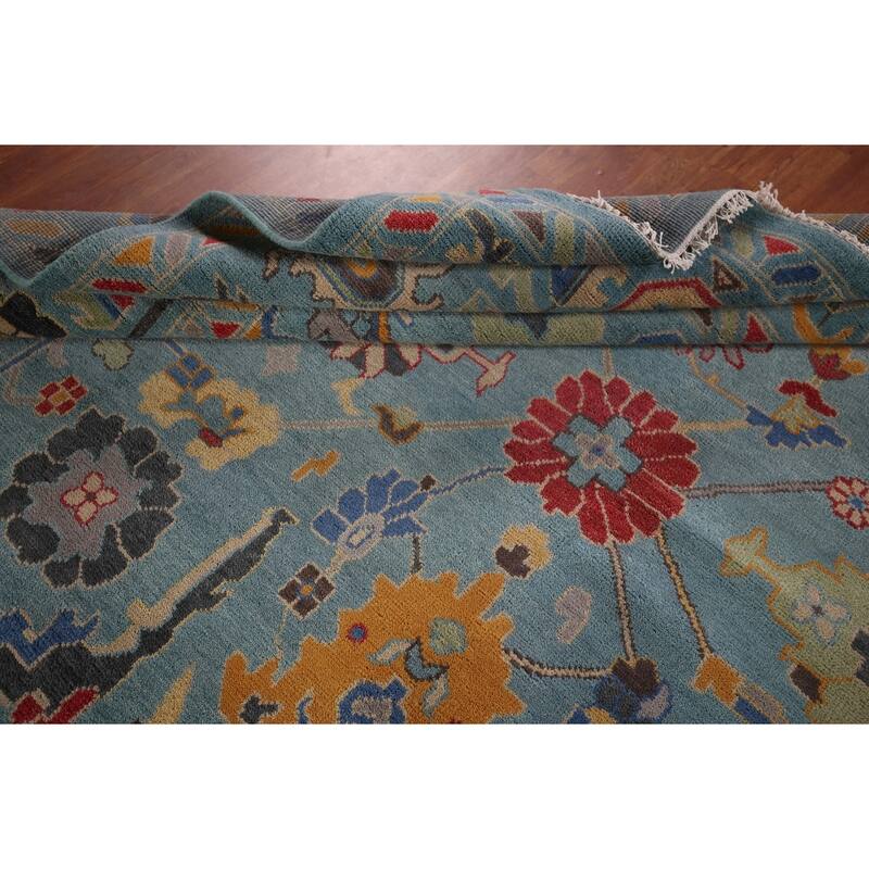 Light Blue Oushak Indian Area Rug Hand-Knotted Floral Wool Carpet - 8'11"x 11'11"