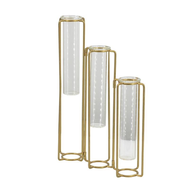 Rossetta Oversized Minimalist Lines Industrial Intrigue 3-Bottle Pedestal Beaker Vase with Metal Frame