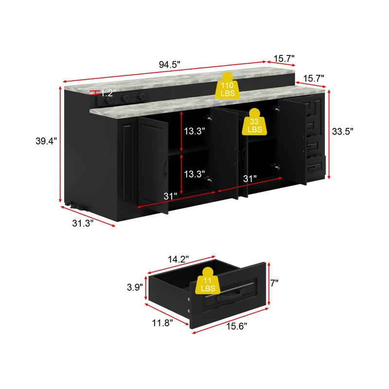 Large Kitchen Island with Storage and Power Outlet, 94.5” Kitchen Island Cabinet with Drawers and Shelves, Kitchen Island
