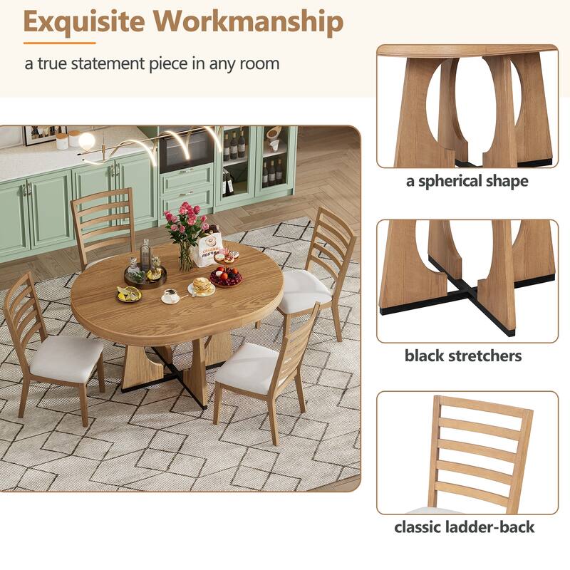 5 Piece Dining Table Set, Extendable Dining Table Set, Round Table with Wooden Tabletop and 4 Upholstered Chairs