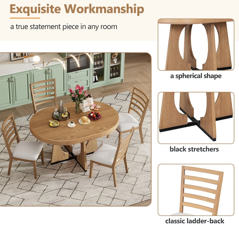 5-Piece Retro Dining Table Set, Extendable Round Table with Removable Leaf