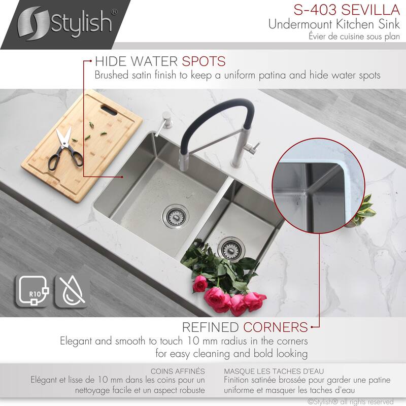 stylish 28 inches L x 18 inches W Double Bowl 60/40 Reversible Undermount Stainless Steel Kitchen Sink with Strainers