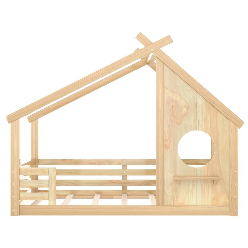 Full House Floor Bed with Window and a Small Shelf, Solid Wood Floor Bed with House-shaped Roof, No Spring Box Needed