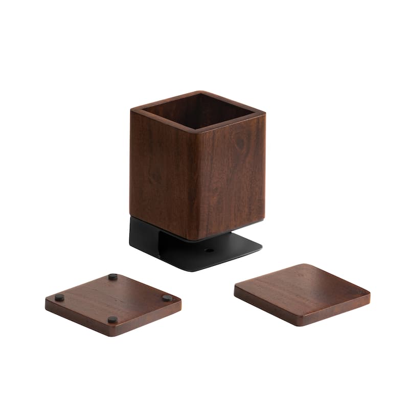 Jani Wooden Pen Cup Holder with 2 Coasters - Stained Mango Wood & Powder-Coated Metal Organizer for Home, Office & Living Spaces