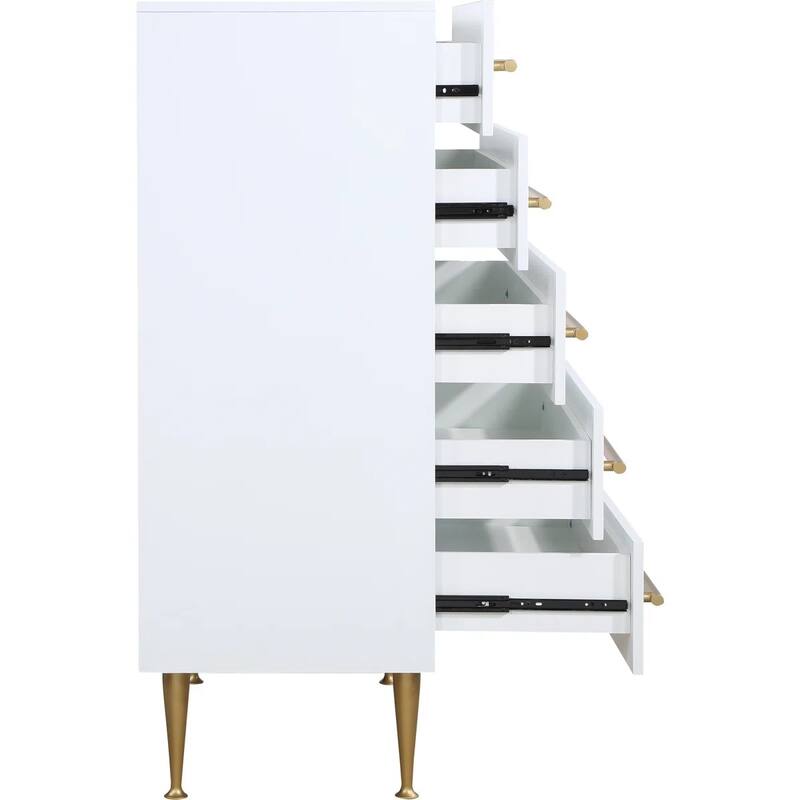 Contemporary White 5-Drawer Chest, Gold Accent Wooden Dresser Unit
