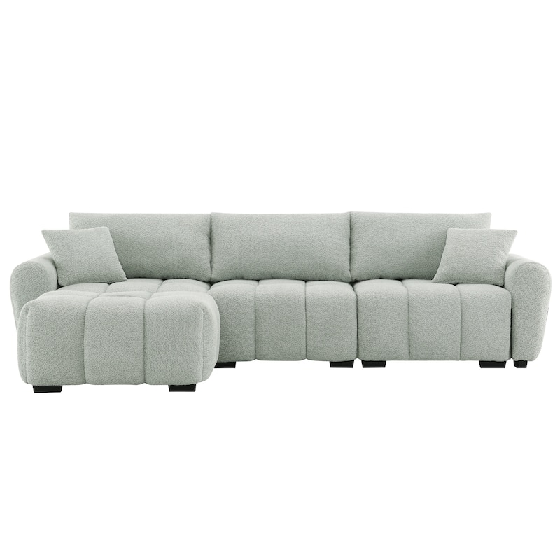 L-Shaped Sectional Sofa with Movable Ottoman, Boucle Fabric Couch with 2 Throw Pillows, Modular Upholstered 4 Seat Sofa