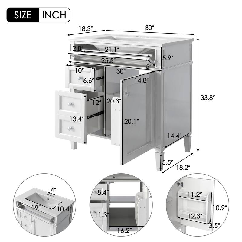 Bathroom Vanity Cabinet with Door Rack, Drawers of Different Sizes, Metal Textured Knobs, Roman Leg Design and Adjustable Shelf