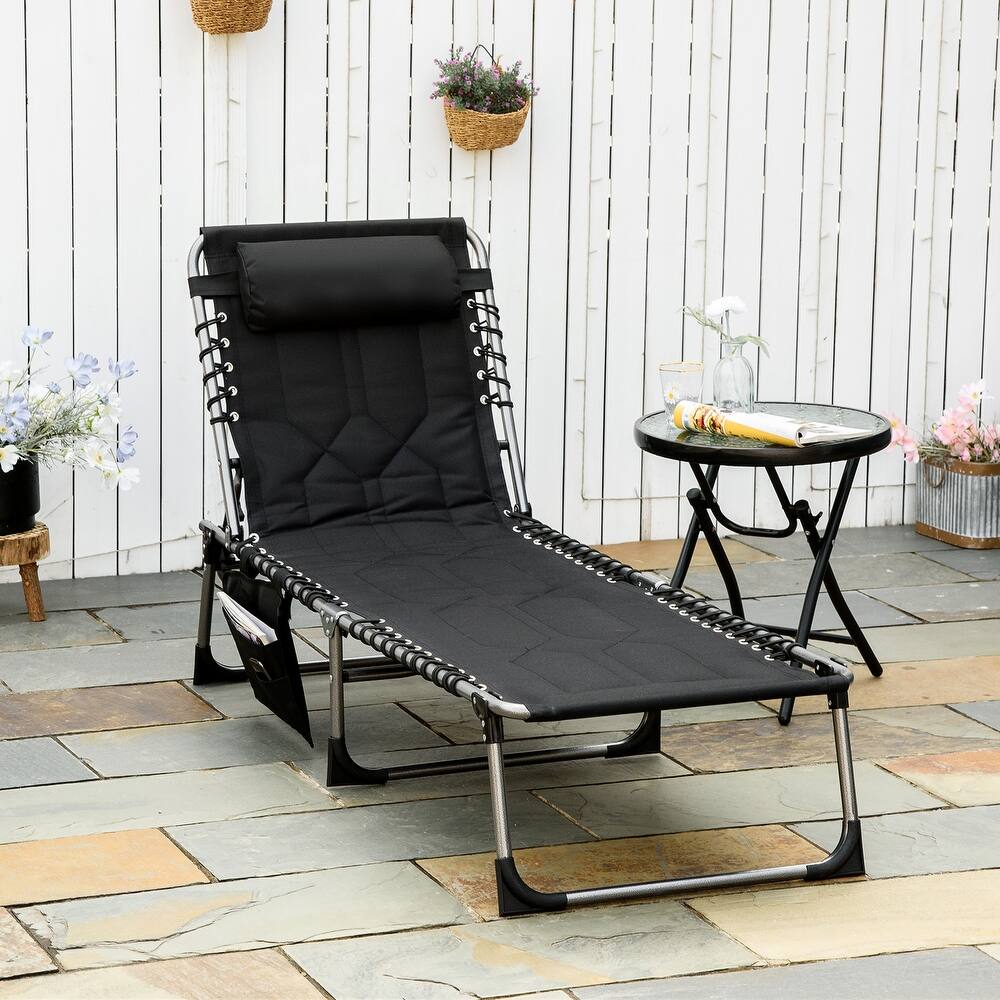 Outsunny Folding Chaise Lounge Chair, Outdoor Padded Reclining Chair with 5-position Adjustable Backrest, Pillow and Pocket
