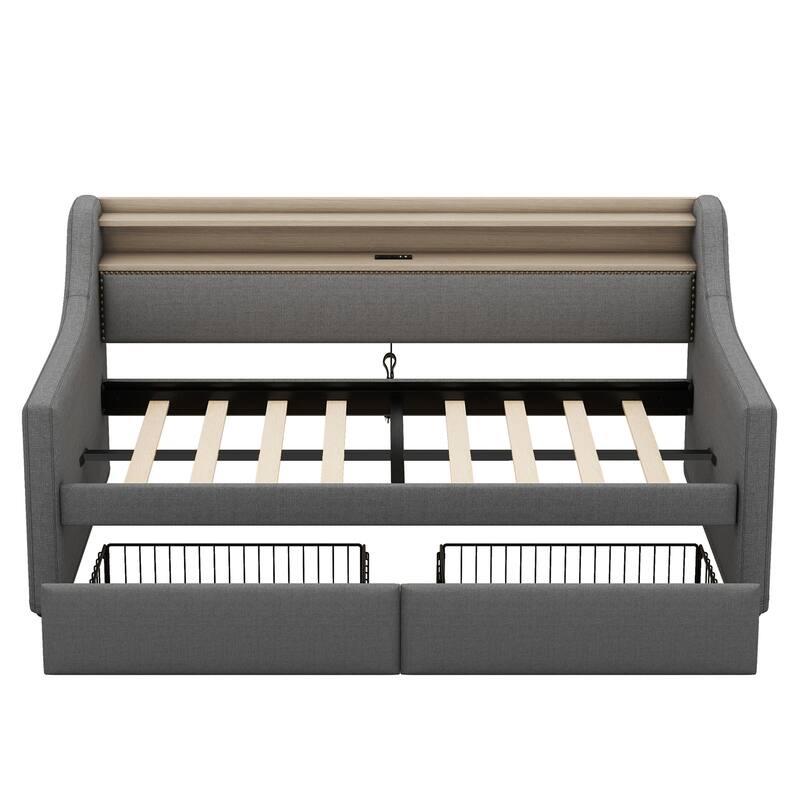 Twin Size Daybed with Storage Drawers, Charging Station and LED Lights