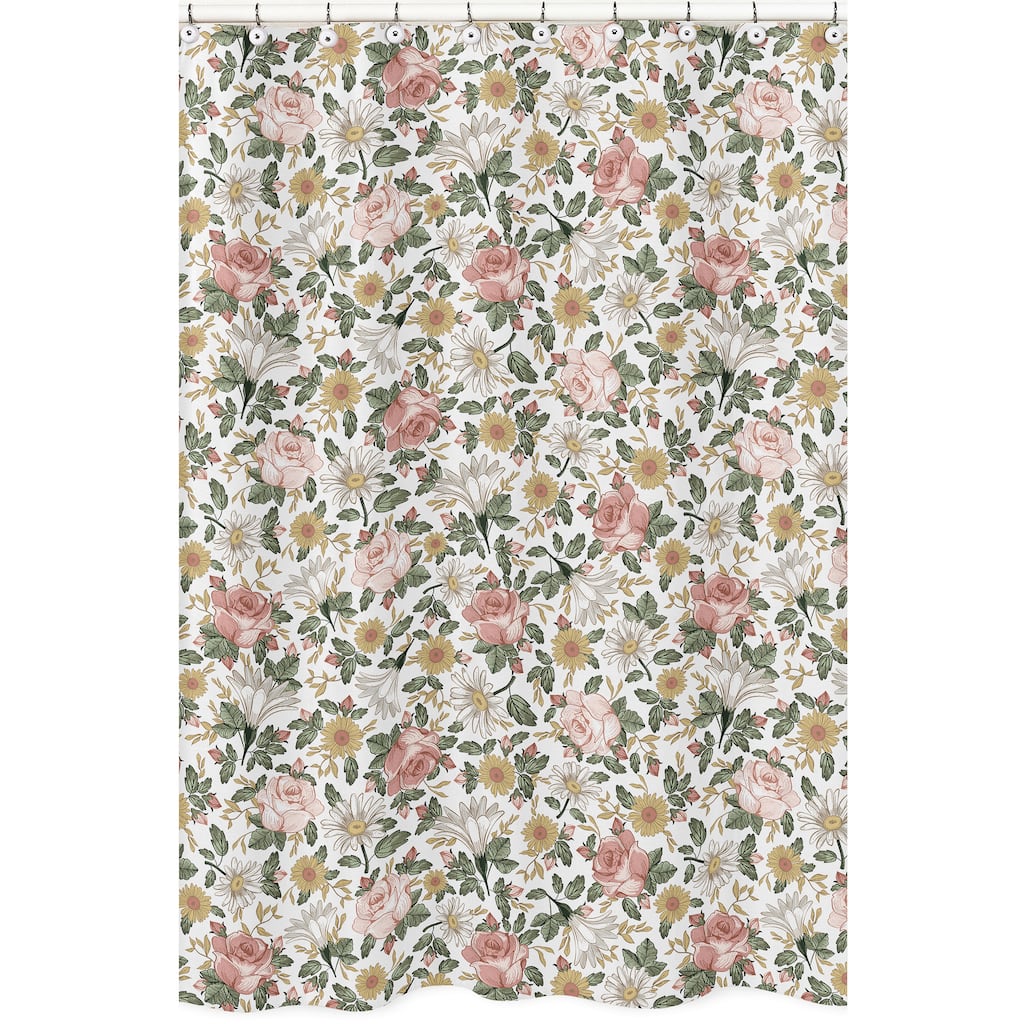 Sweet Jojo Designs Vintage Floral Boho Bathroom Fabric Bath Shower Curtain - Blush Pink Yellow Green White Shabby Chic Farmhouse