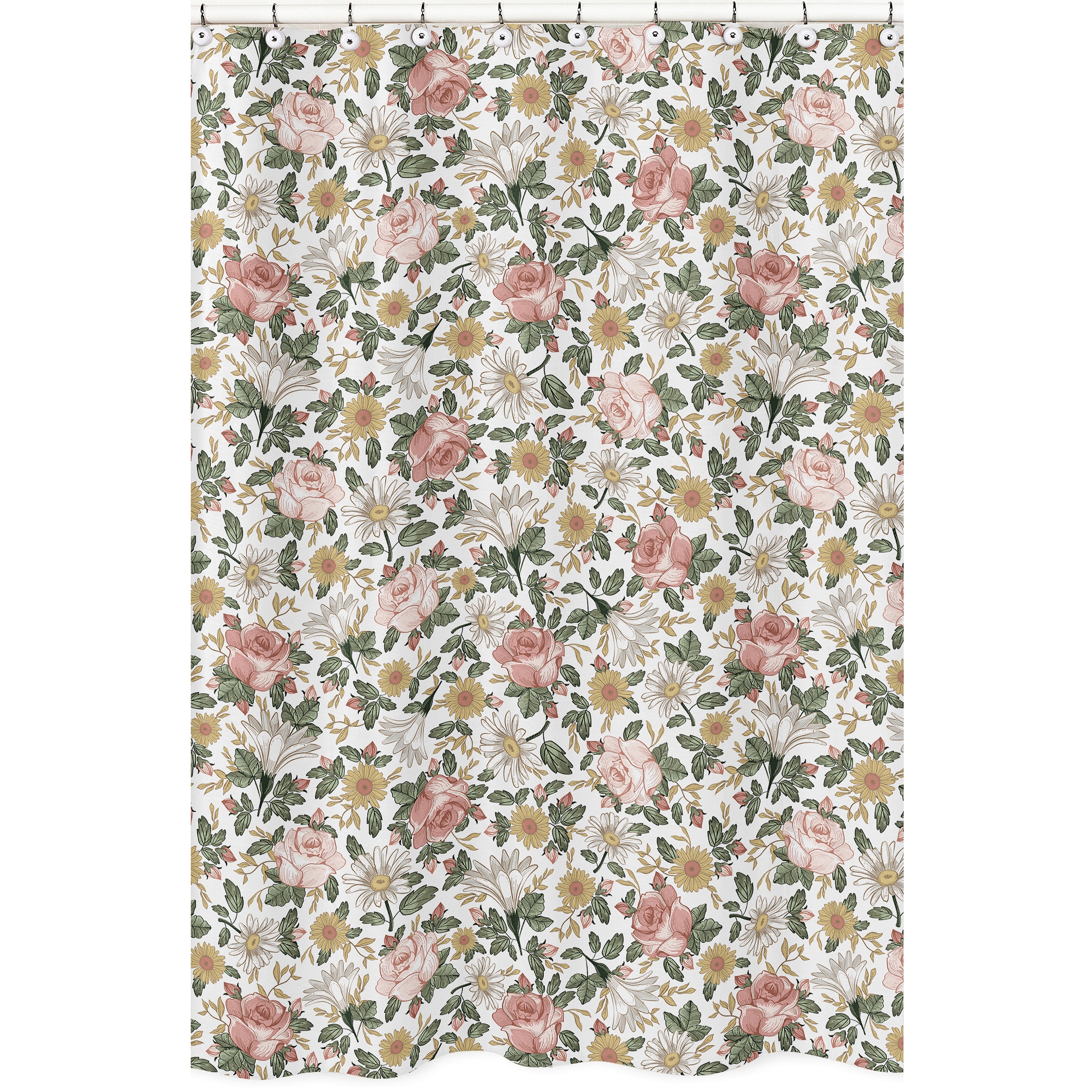 Sweet Jojo Designs Vintage Floral Boho Bathroom Fabric Bath Shower Curtain - Blush Pink Yellow Green White Shabby Chic Farmhouse