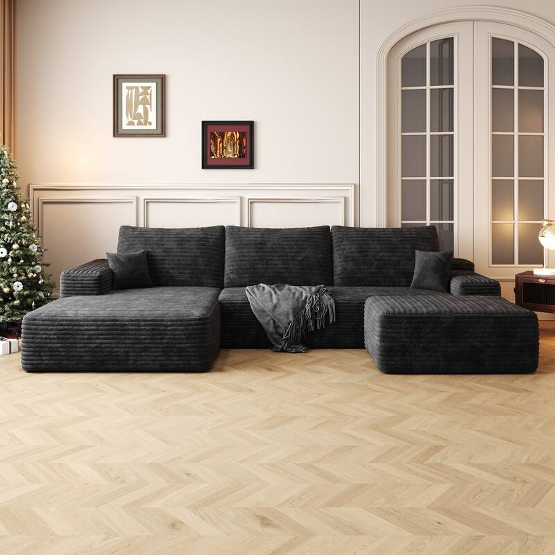 107" Modern Minimalist Upholstered U Shaped Sofa with Ottoman, No Assembly Required, Black Plush Corduroy Foam - Multi-Color