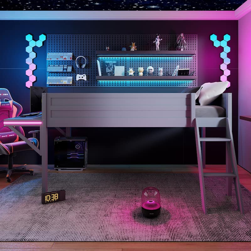 Grey Full Size Wooden Loft Bed with Built-in Gaming Desk, Multi-Color LED Lighting, and Space-Saving Design for Kids and Teens