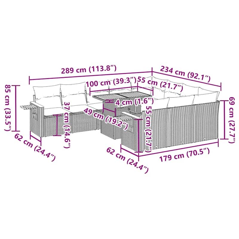 vidaXL Patio Sofa Set with Cushions Seat Modules 11 Piece Poly Rattan Acacia - 24.4 x 24.4 x 27.2