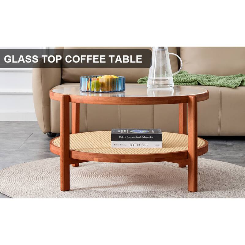 Round Double-Layer Tea Table with Solid Wood Frame, Glass Top & PE Rattan Weaving, Small Side Table for Living Room