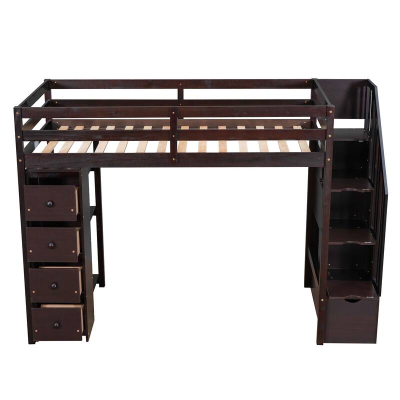 Twin Size Wooden Loft Bed with Storage Drawers, Shelves, and Stairs - Espresso
