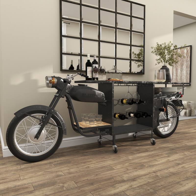 Black Metal Handmade One-of-a-Kind Reclaimed Motorcycle Bar with Light Up Headlights and Taillights - 105 x 18 x 38