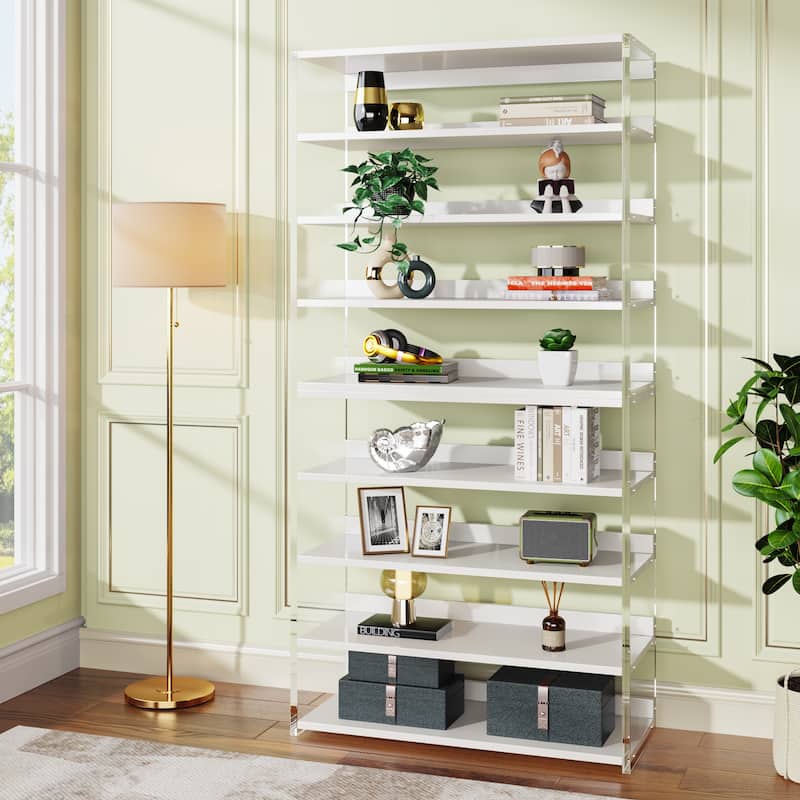 8-Tier Acrylic Bookshelf, Modern Bookcase with Wood Shelves - 1PCS