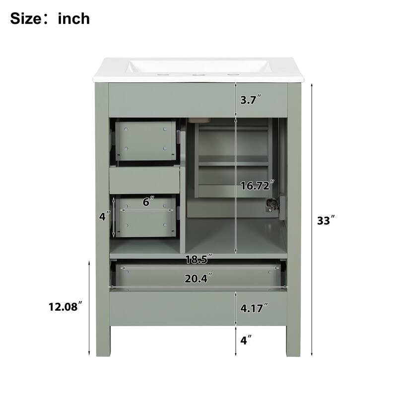 Modern 24-inch Bathroom Vanity with Ceramic Sink, Soft-Close Door, Double-Layer Door Shelf, and 3 Drawers