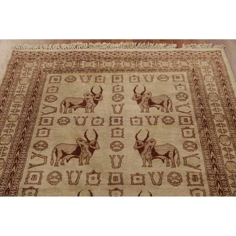 Hand Knotted Oriental 100% Wool Carpet Traditional Animal Pictorial Beige & Ivories Bokhara Area Rug - 6' 3'' X 4' 2''