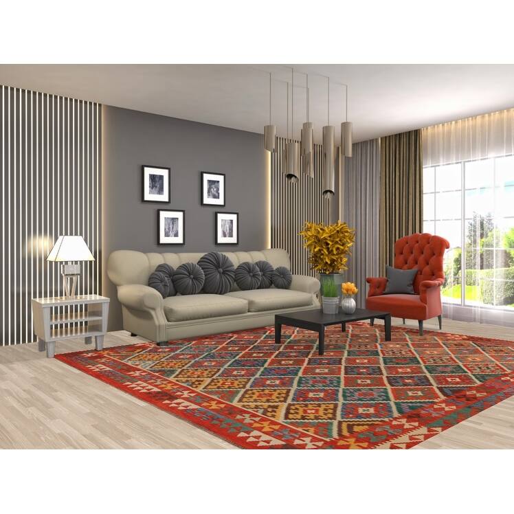 South Western Style Kilim Oriental Rug Flatweave Orange Wool Carpet - 8'3"x 9'11"