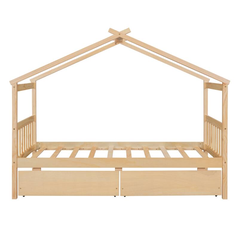 Wooden Twin/Full Size House Bed with 2 Drawers, Solid Pinewood Creativity House Shaped Sofa Bed Frame with Roof Design