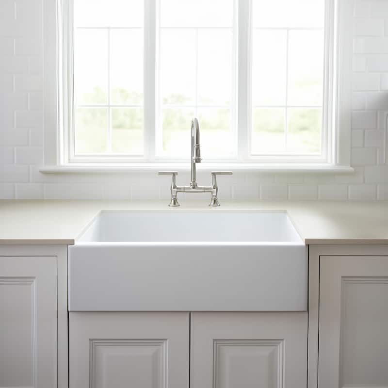 Turner Crisp White Fireclay 30" Single Bowl Farmhouse Apron Front Undermount Kitchen Sink and Drain