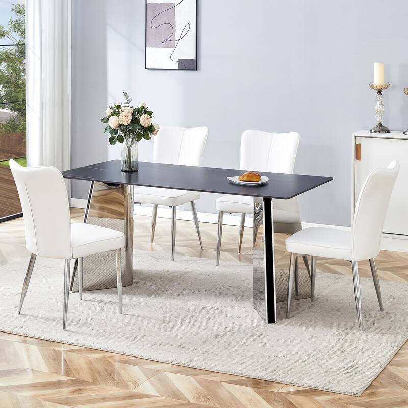Modern Style Dining Set with Rectangular Stainless Steel Butterfly Legs Table and Vertical Stripe Dining Chairs