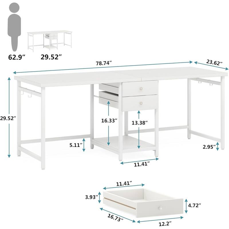 79-Inch Two Person Computer Desk with Drawers and Storage Shelves, White