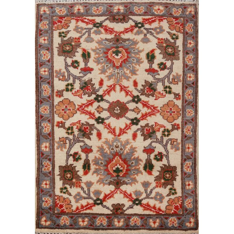 Ivory Floral Kazak Oriental Accent Foyer Rug Handmade Wool Carpet - 2'0"x 3'0"