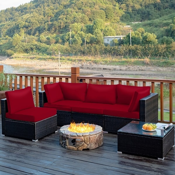slide 2 of 63, Costway 5PCS Patio Rattan Furniture Set Cushioned Sofa & Chair Coffee Red