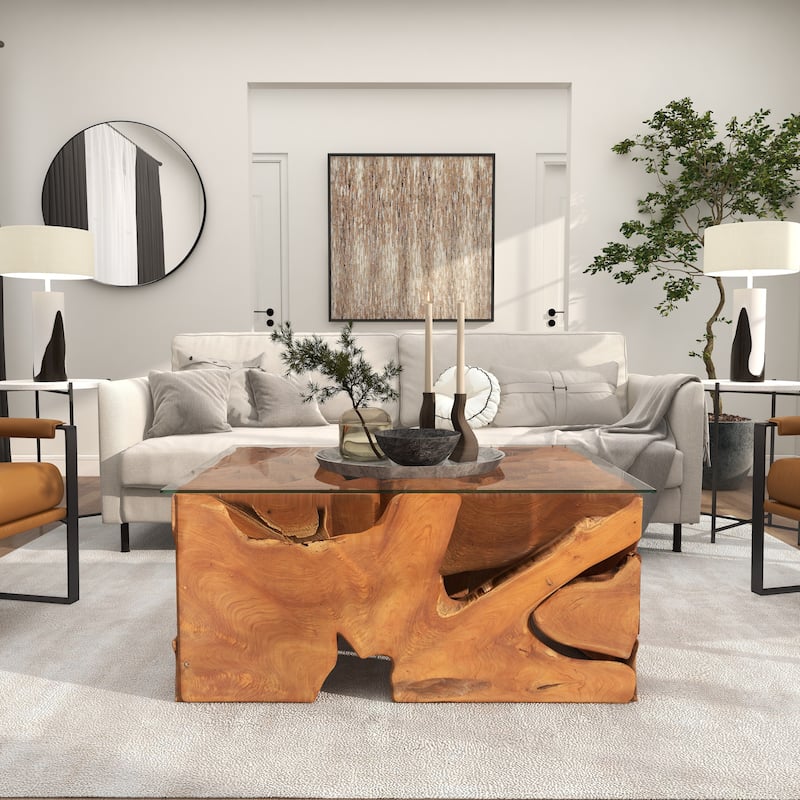 Benzara Brown/Clear Teak/Glass 43-inch x 18-inch Coffee Table