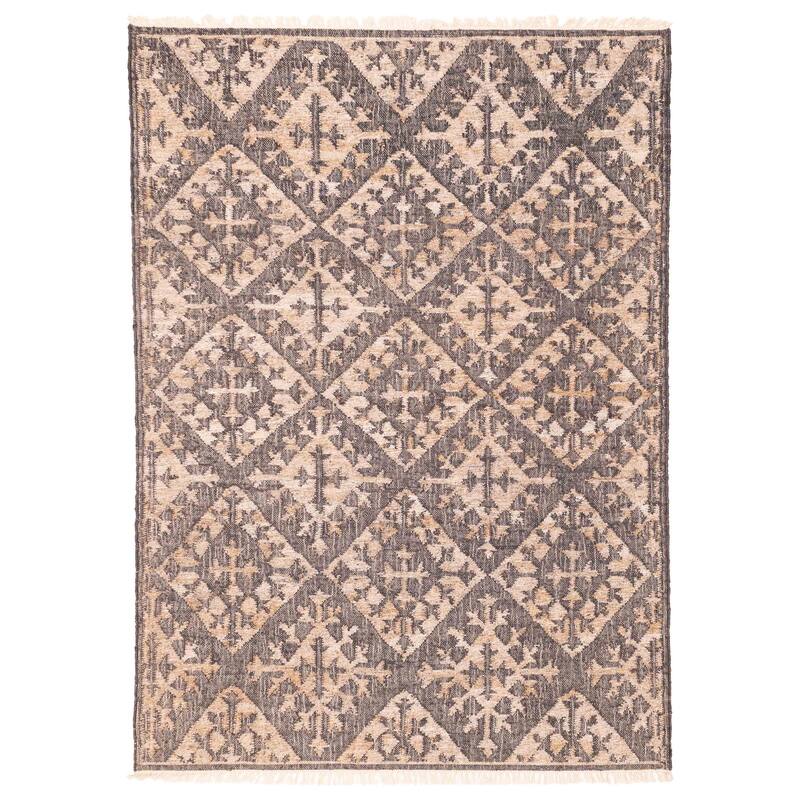 ECARPETGALLERY Flat-Weave Palas Denizli Dark Grey, Tan Jute Kilim - 5'6 x 7'8