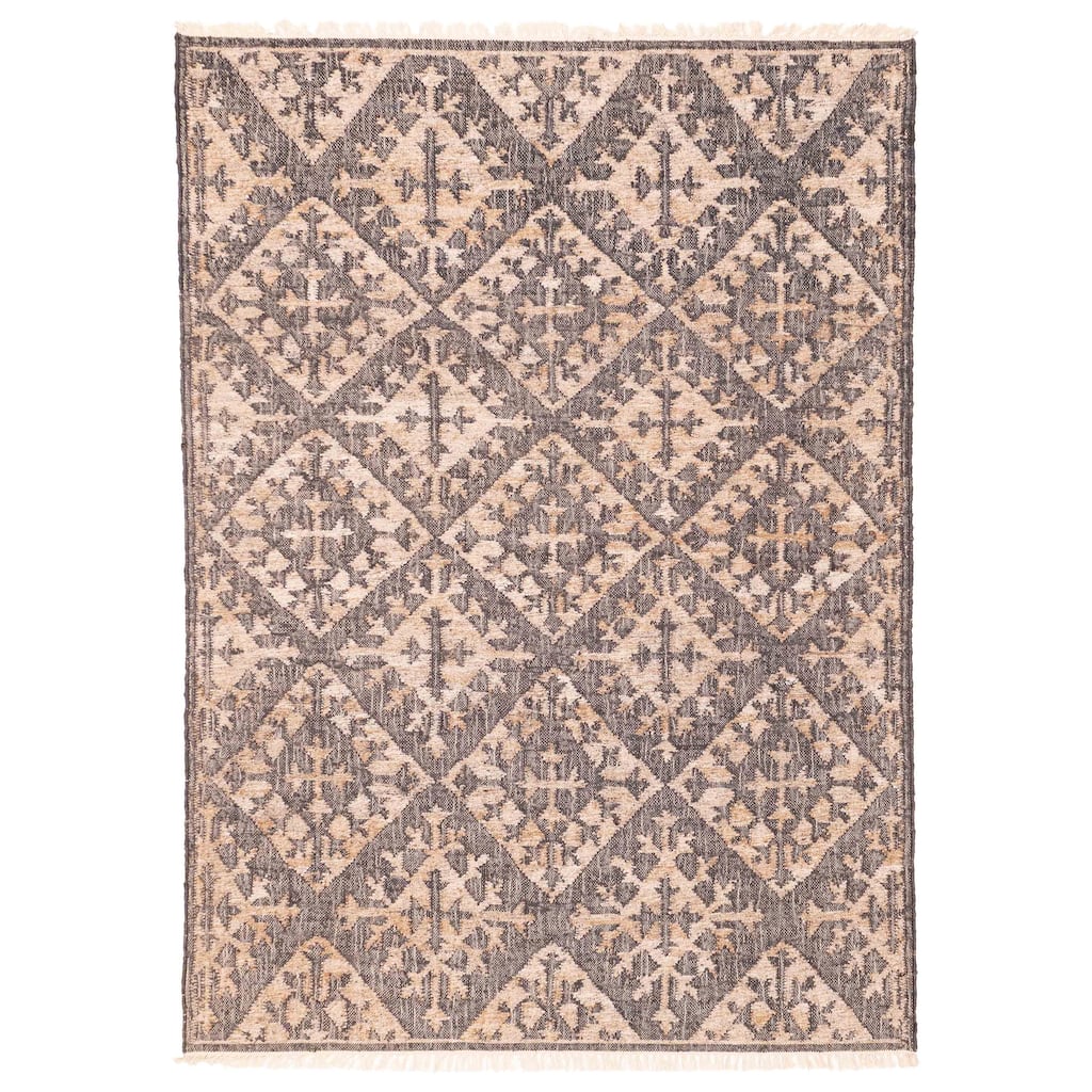 ECARPETGALLERY Flat-Weave Palas Denizli Dark Grey, Tan Jute Kilim - 5'6 x 7'8