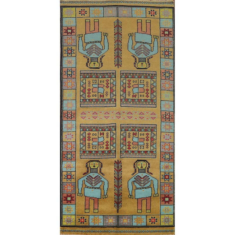 Hand Knotted Oriental 100% Wool Carpet Traditional Tribal Yellow & Gold Heriz (serapi) Runner Rug - 9' 10'' X 3' 10''
