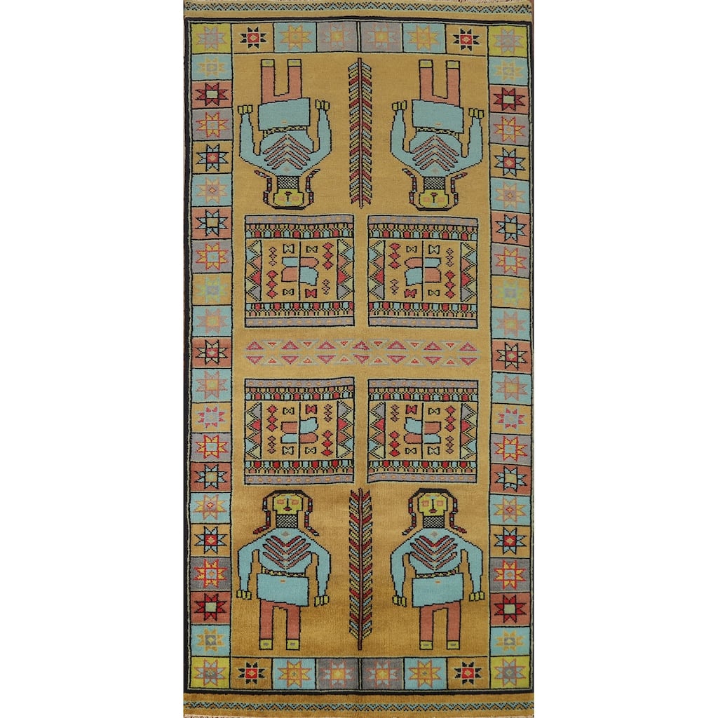 Hand Knotted Oriental 100% Wool Carpet Traditional Tribal Yellow & Gold Heriz (serapi) Runner Rug - 9' 10'' X 3' 10''