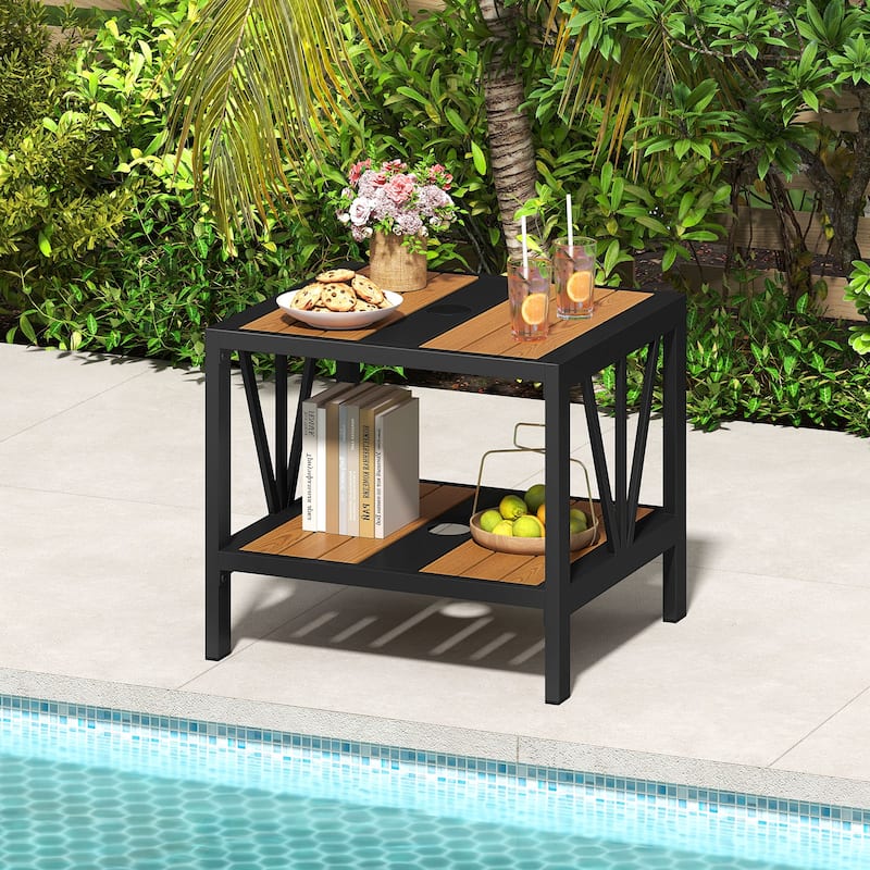 Gymax Outdoor Side Table 2-Tier Coffee End Table w/ 1.57'' Umbrella