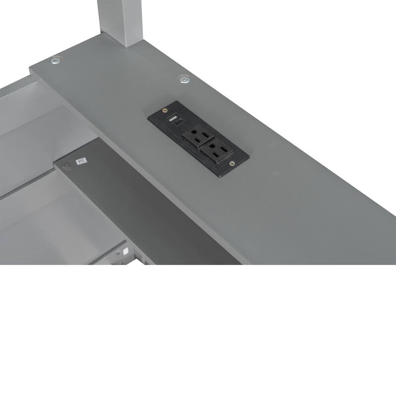 Queen Size Wooden Bunk Bed with Shelves, Storage Box, LED Light, and USB Charging Station, Grey