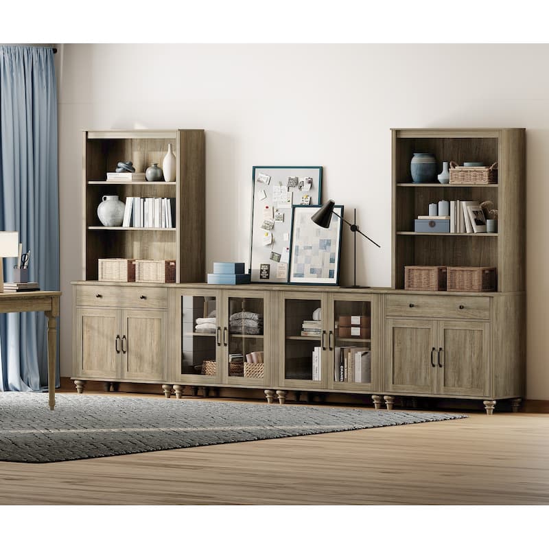 Wash Grey Farmhouse TV Stand with Wooden Doors & Drawers