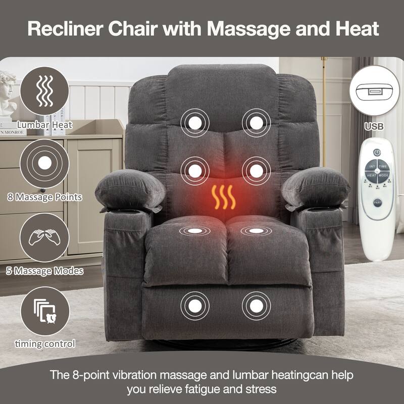 Oversized Manual Massage Rocker Recliner Chair Heat for Adults, Modern Living Room Single Sofa w/Cup Holders & USB Charge Port