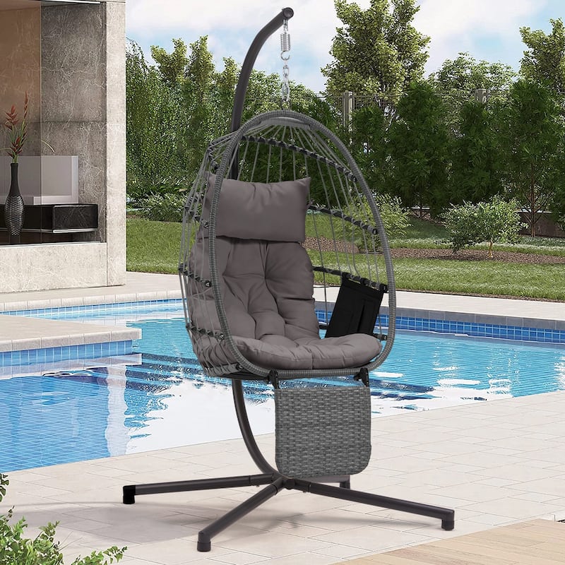 EROMMY Hanging Egg Chair with Stand, Foldable Indoor/Outdoor Swing Chair includes Cushion and Pillow, Patio Wicker Swing