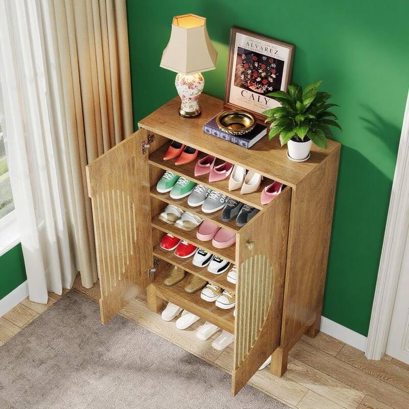 Natural 5-Tier Shoe Cabinet with Adjustable Shelves and Louver Doors for Entryway Storage - 28.74”L x 13.78”W x 39.76”H