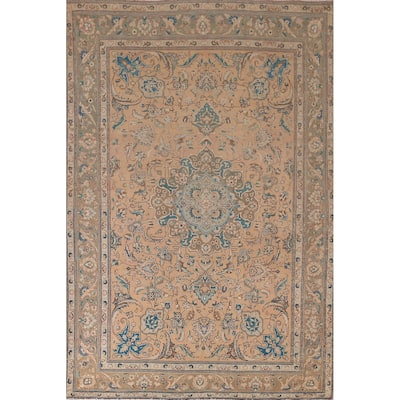 Traditional Floral Mashad Persian Vintage Rug Handmade Wool Carpet - 6'9"x 10'1"