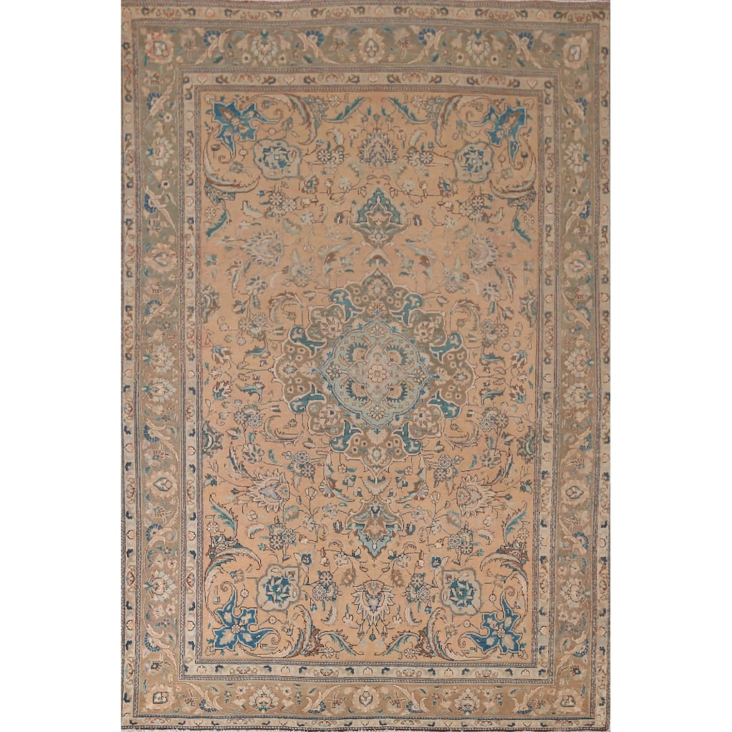 Traditional Floral Mashad Persian Vintage Rug Handmade Wool Carpet - 6'9"x 10'1"