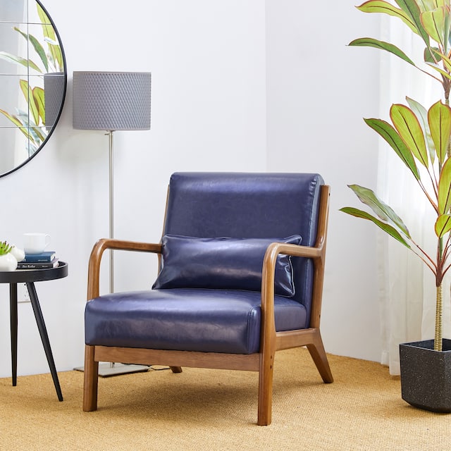 Glitzhome 30"H Mid-Century Modern PU Leather Accent Armchair with Rubberwood Frame - Blue