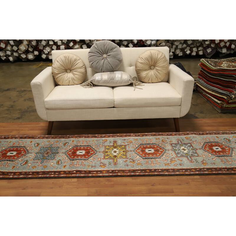 Hand Knotted Oriental 100% Wool Carpet Traditional Geometric Navy Blue & Blues Kazak Runner Rug - 10' 3'' X 2' 6''