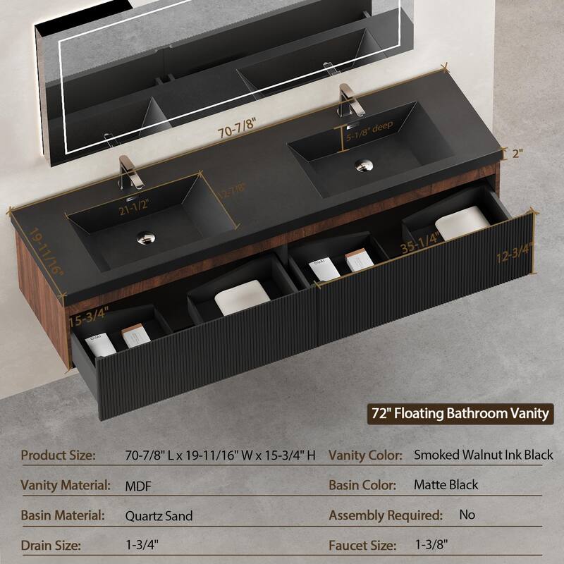 GDFStudio - Everett Contemporary Floating Bathroom Vanity with Dual Basin Design and Integrated Storage Cabinet